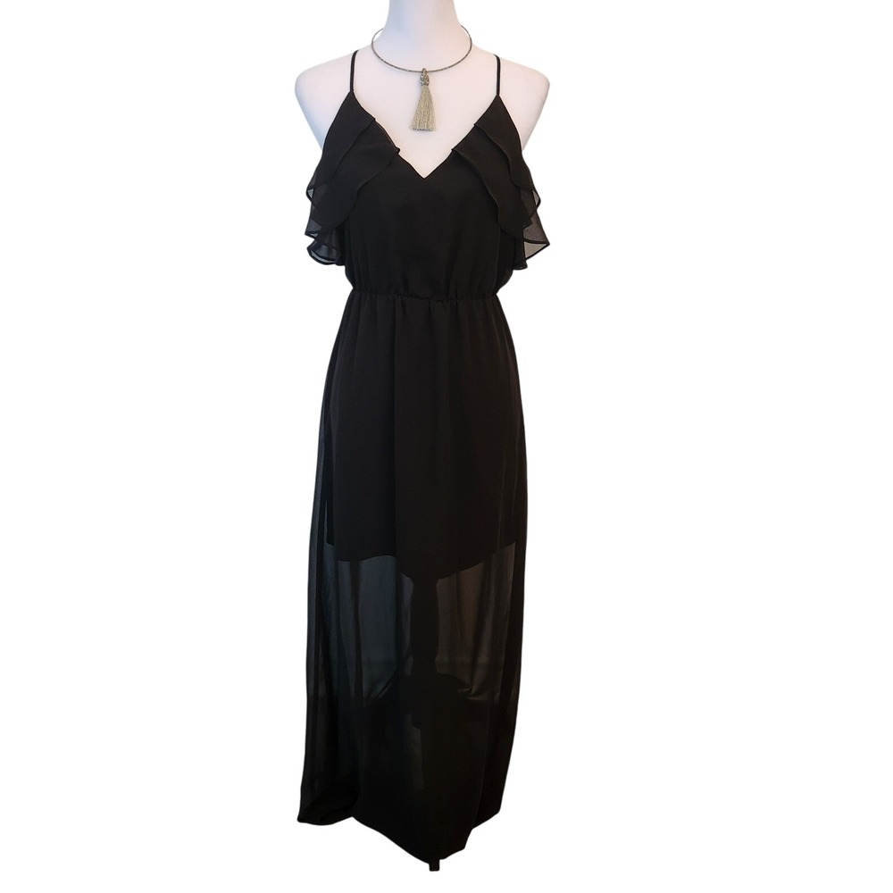 BCBG Generation Black Maxi Dress Ruffle Sheer Bottom V Neck‎ Sleeveless Maxi NWT